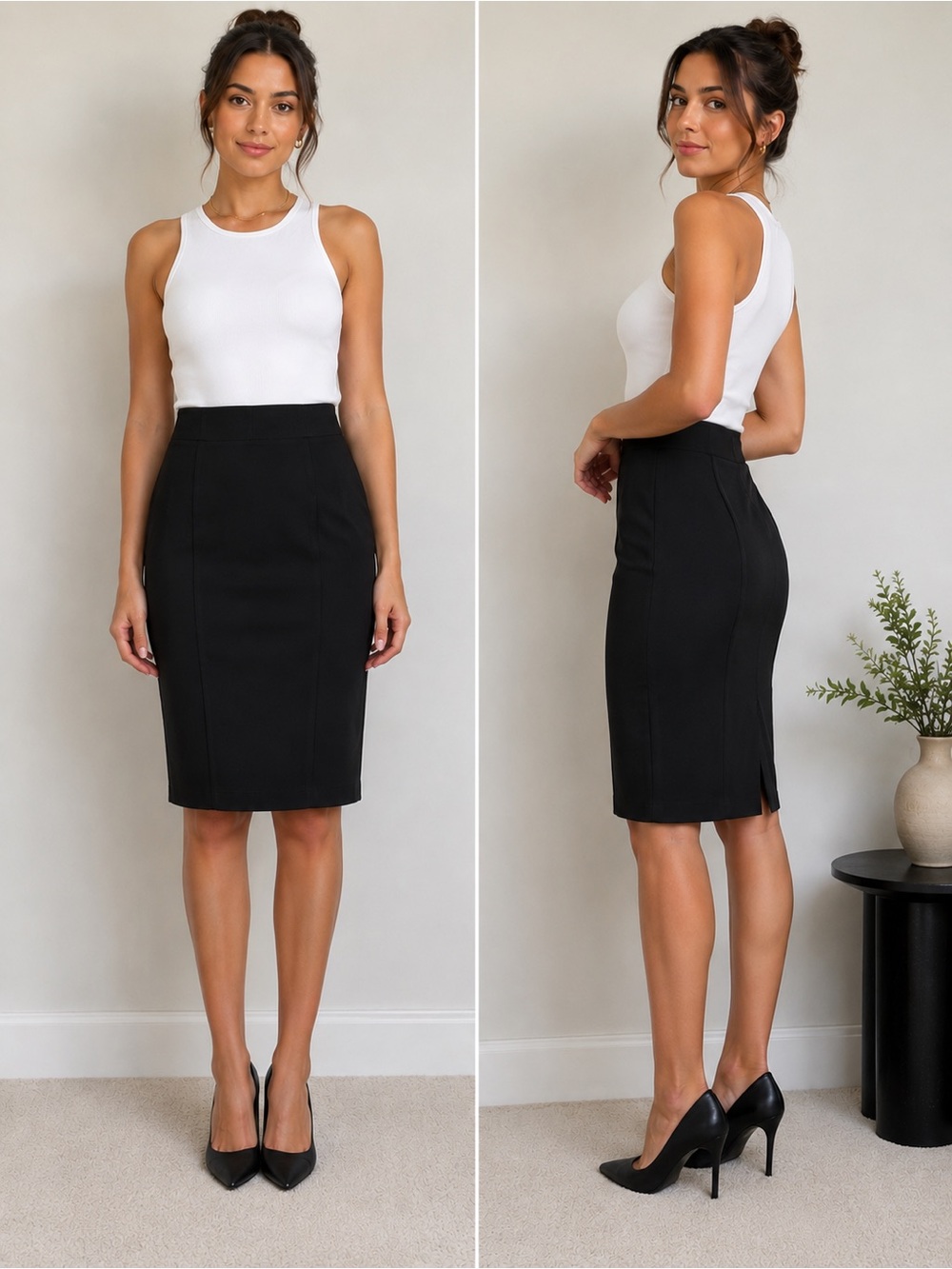 Express Black Solid Pencil Skirt Size 0 Midi Length Lined Back Slit Zip 25”